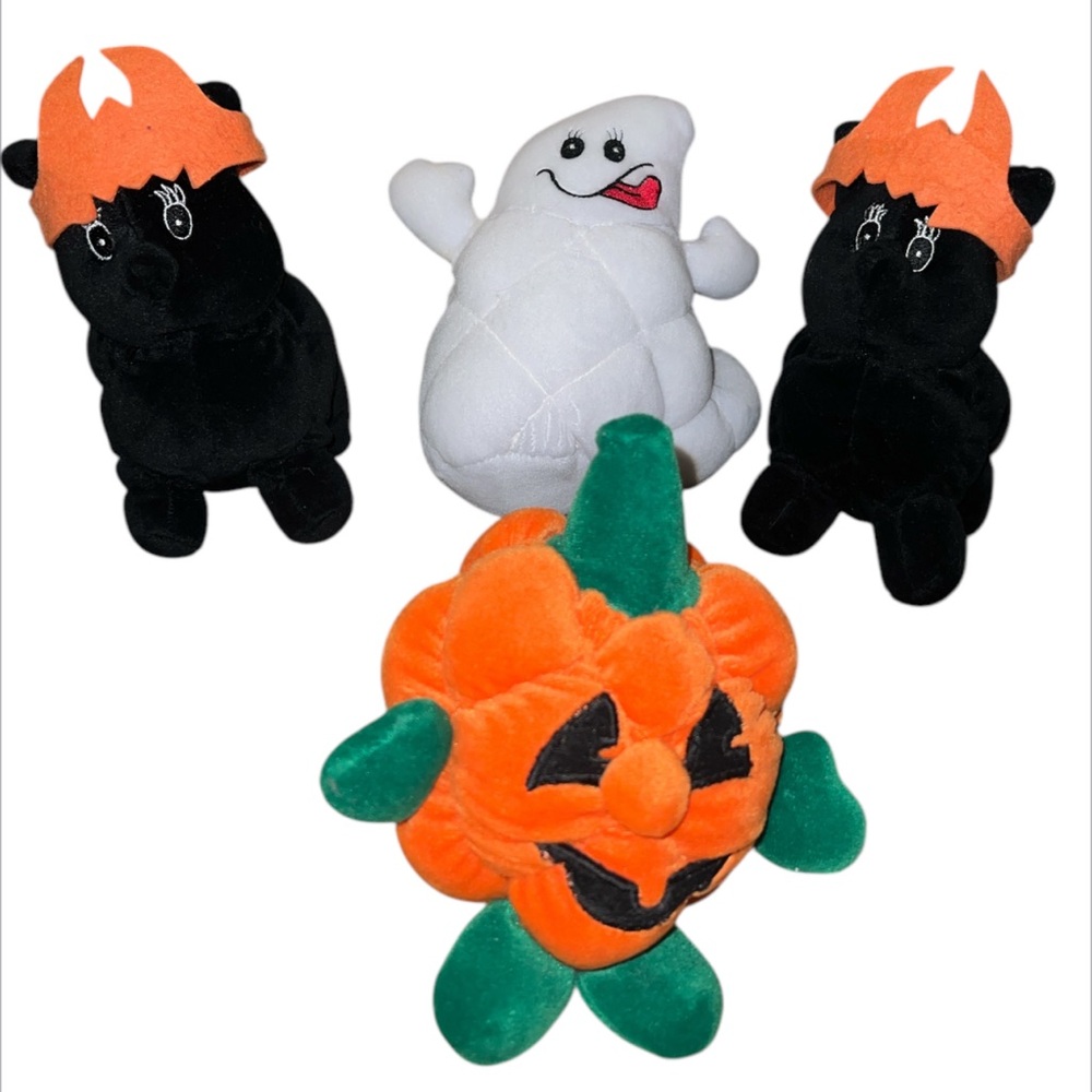 Vtg Rare Commonwealth Toys Halloween Cats Ghost Pumpkin Stuffed Plush Set